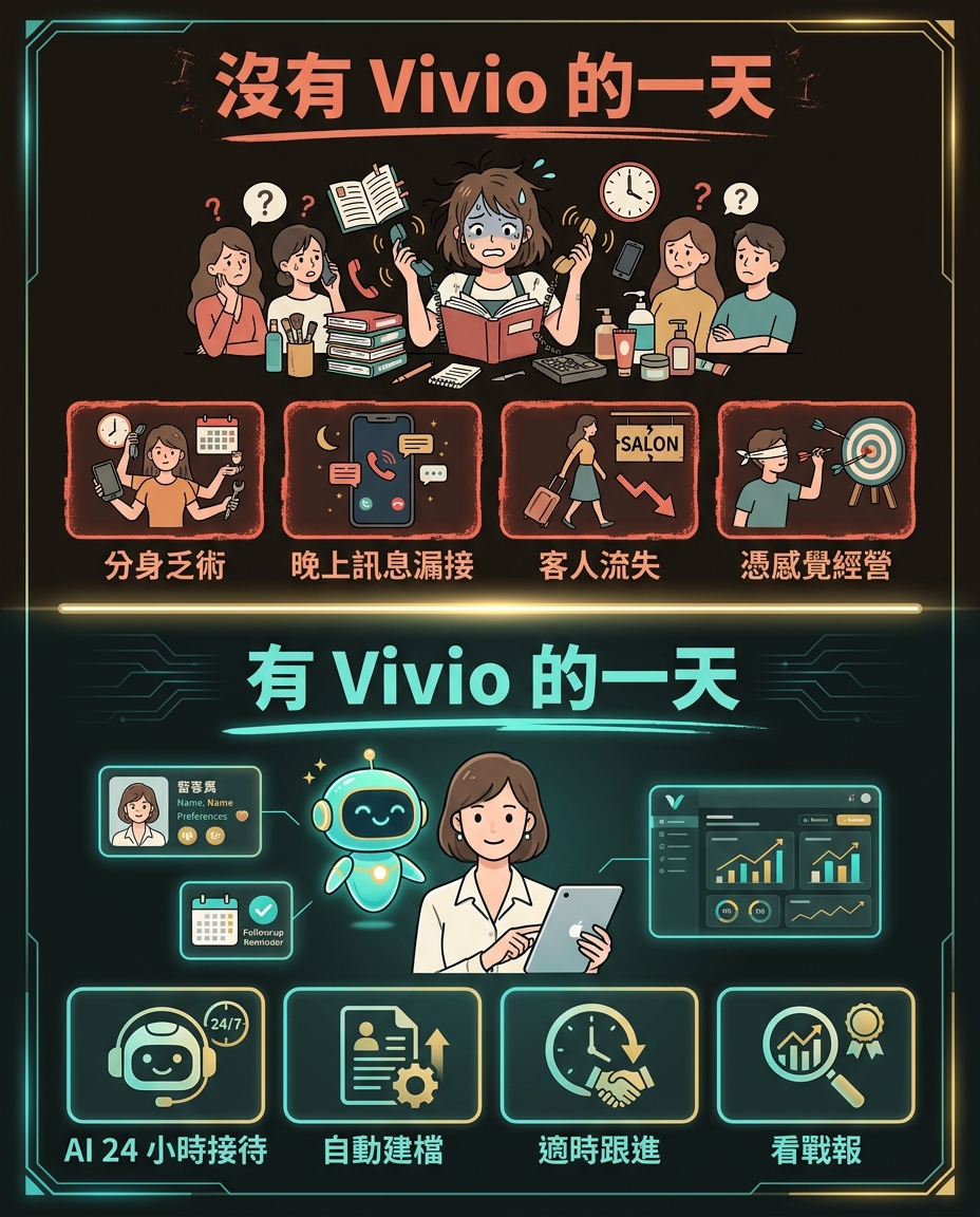 對比:沒有 Vivio 的一天(分身乏術、訊息漏接、客人流失、憑感覺經營)vs 有 Vivio 的一天(24 小時接待、自動建檔、適時跟進、看戰報)