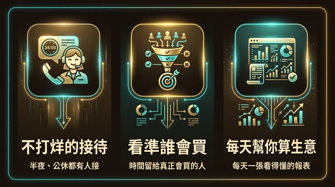 Vivio 三支柱:接得上(24 小時接待不漏接)、分得清(判斷客人意願)、看得到(一份戰報看懂經營)